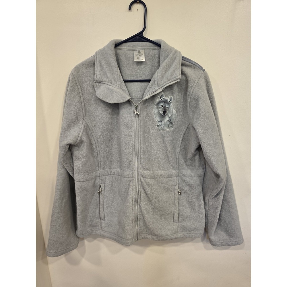 Women's Large Wolf Graphic Fleece Jacket Rustic Wildlife‎ Nature Cozy Cabin